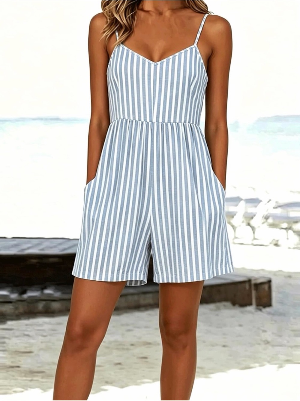 Striped Blue & White Spaghetti Strap Romper